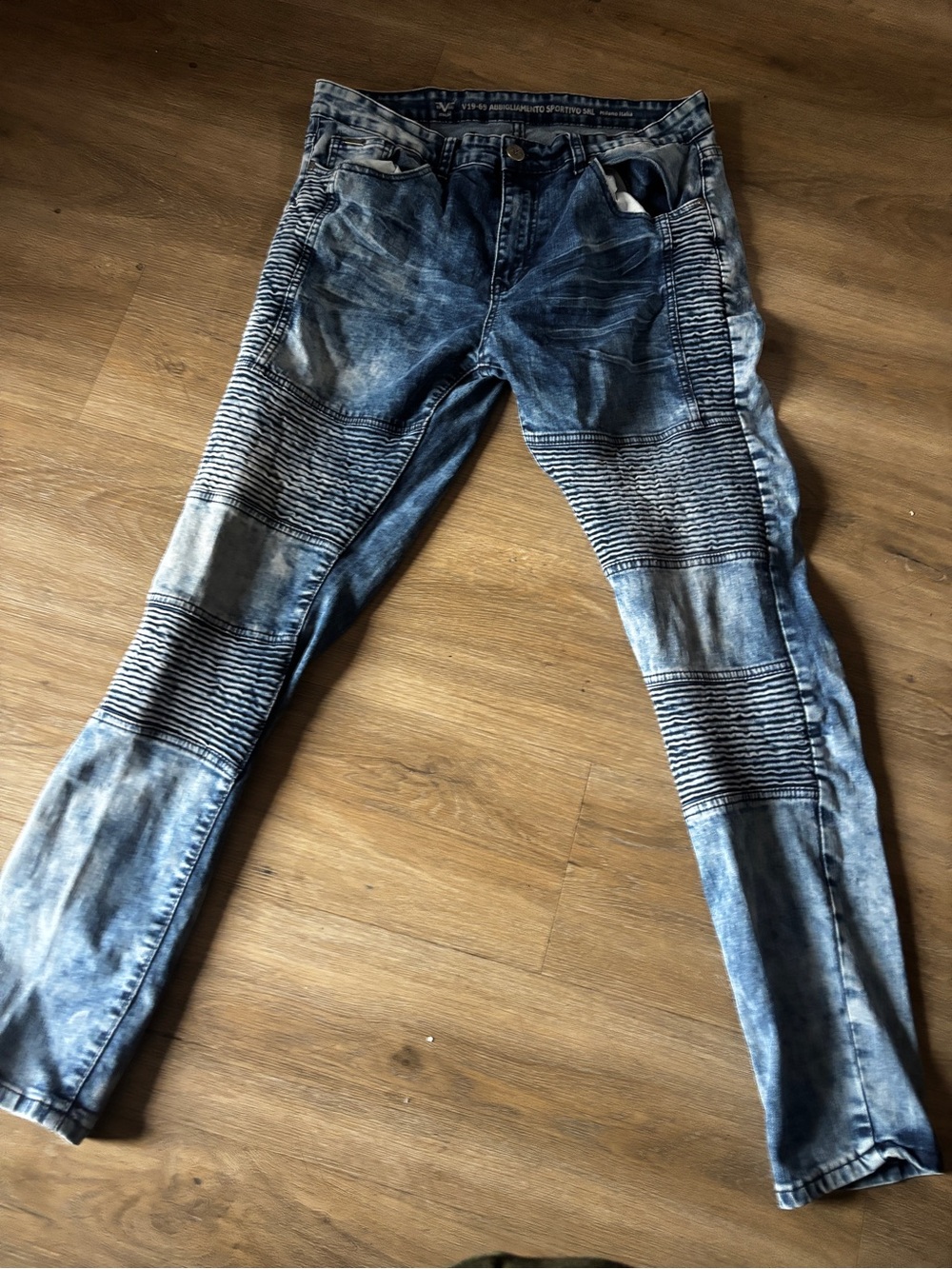 Men's Blue Washed Ribbed Moto Jeans